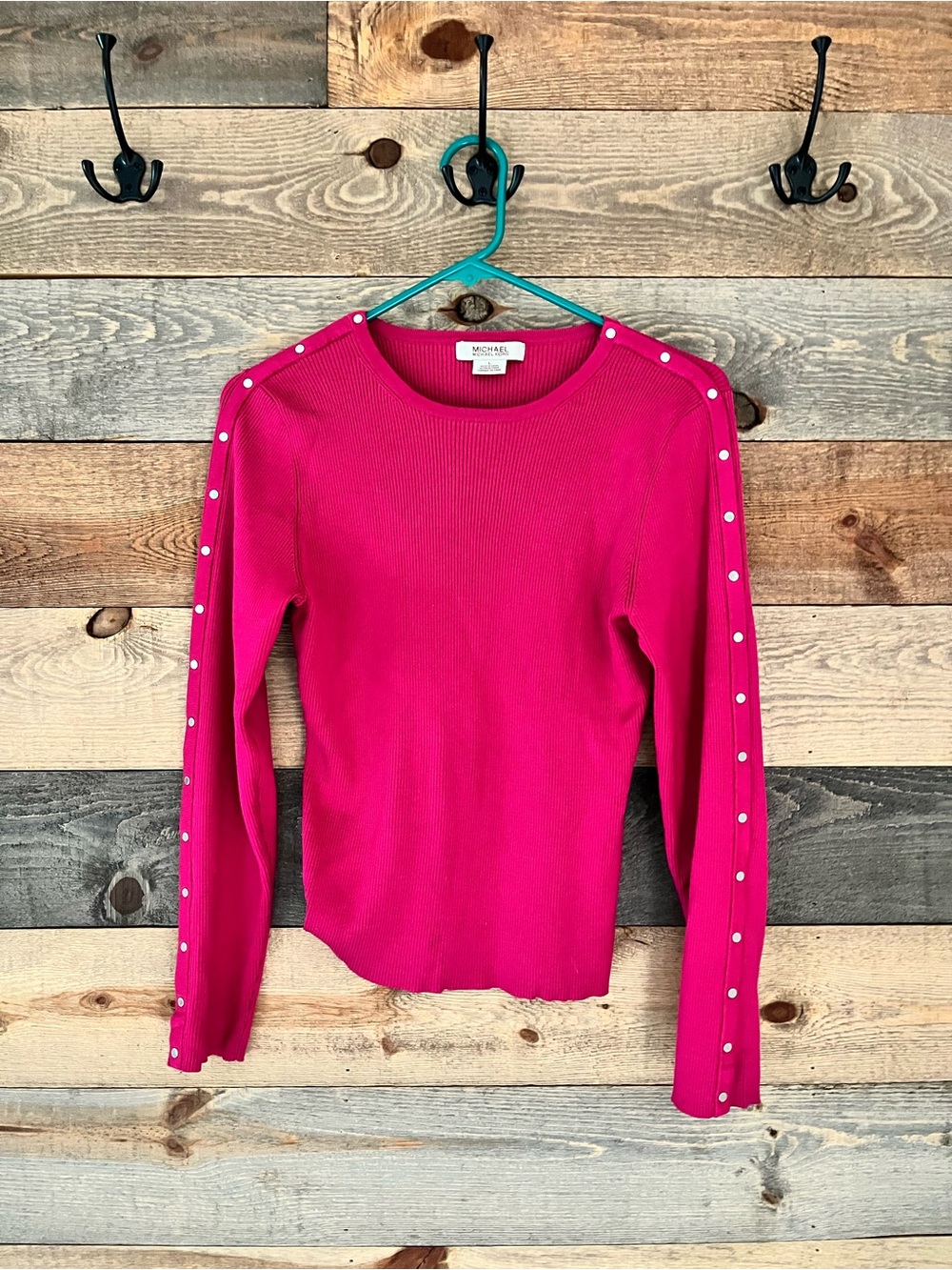 Michael Kors Women’s Fuchsia Crewneck Pearl-Trim Sweater Size Large